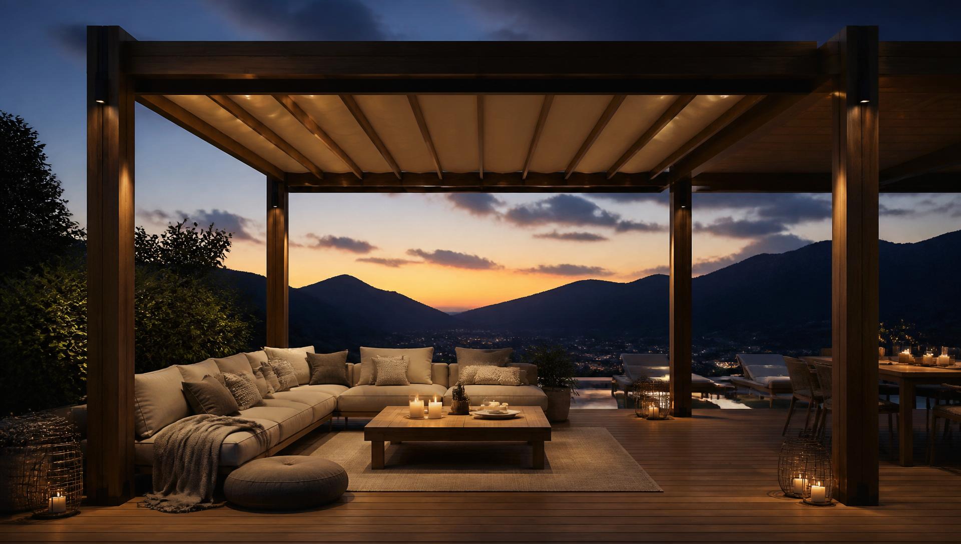 Pérgola premium con cubierta sobre terraza de lujo al atardecer